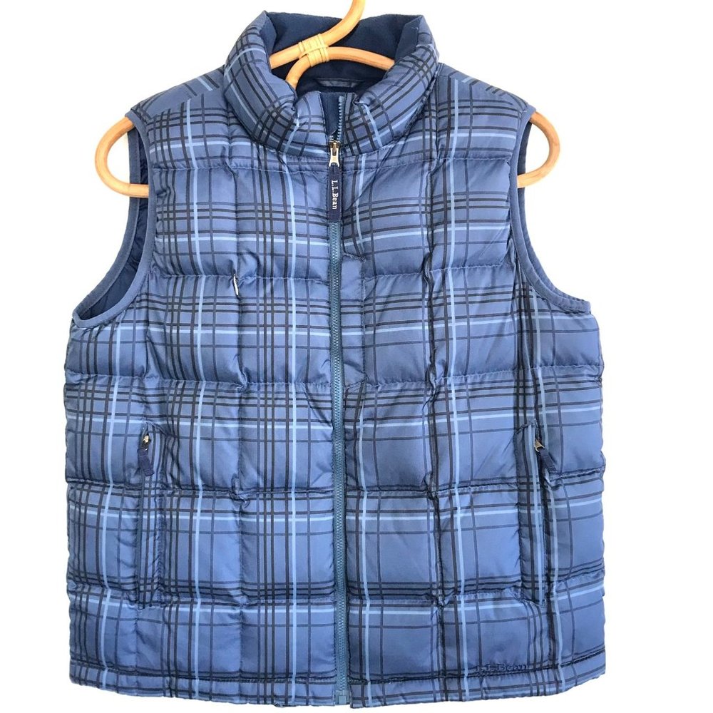 Youth L L Bean Down Insulated Blue Plaid Puffer Vest Kids LG 14-16